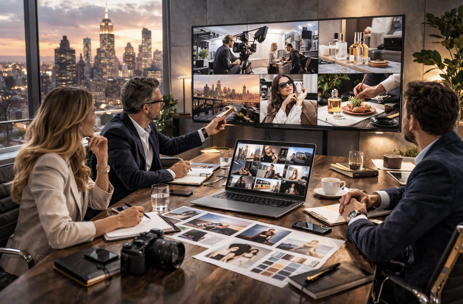 Senior marketing team reviewing multi-city commercial campaign visuals on a large screen in a modern corporate office at sunset.