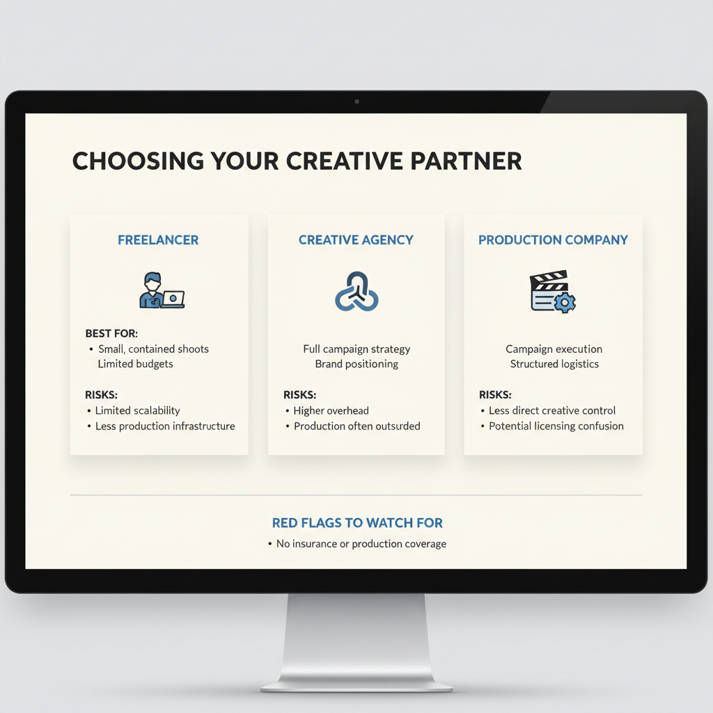 Comparison scene showing freelance photographer, agency team meeting, and production crew on set illustrating different commercial production models.