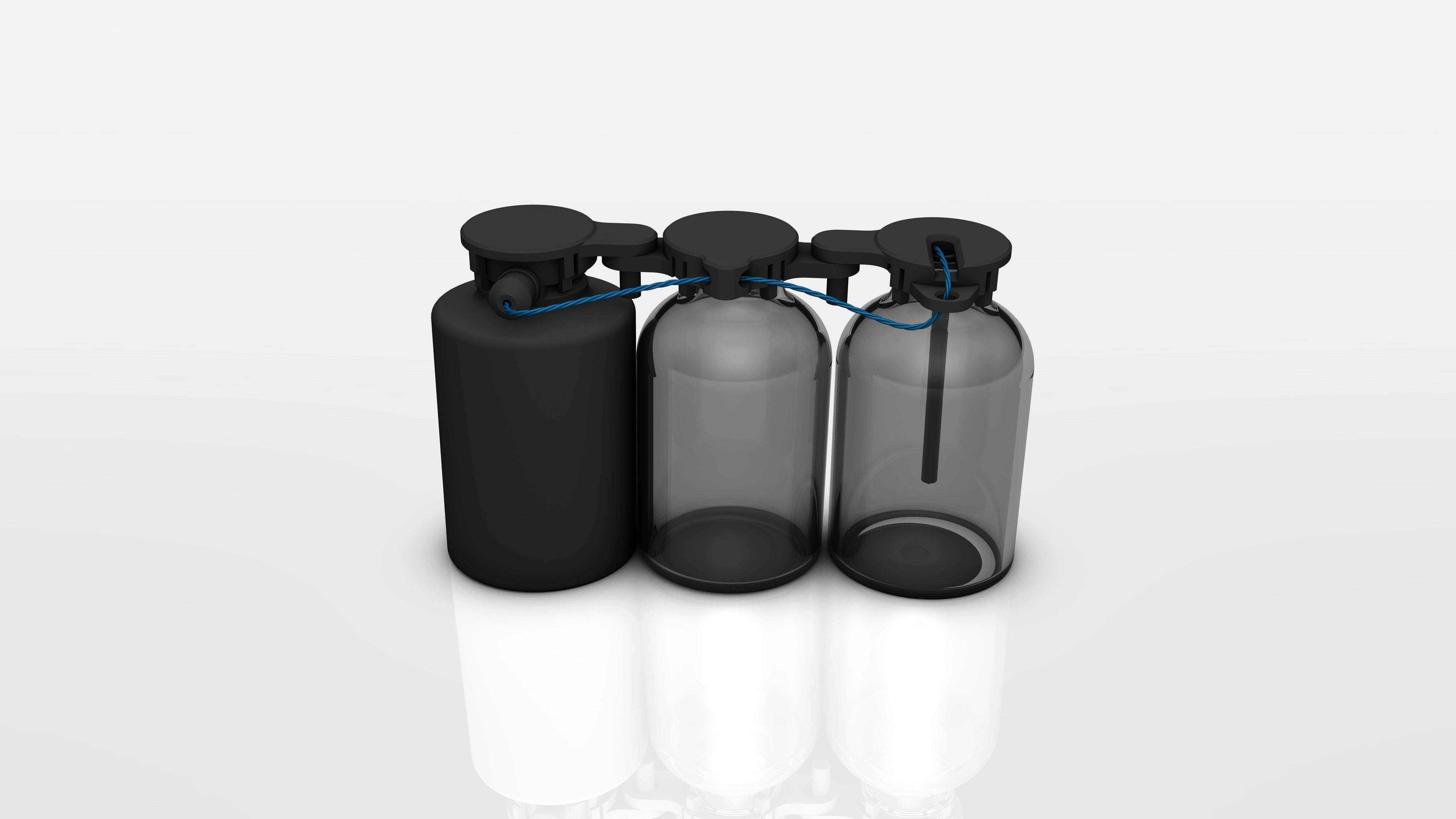 Three connected cylindrical containers with black caps and blue wires, two are transparent and one is opaque.