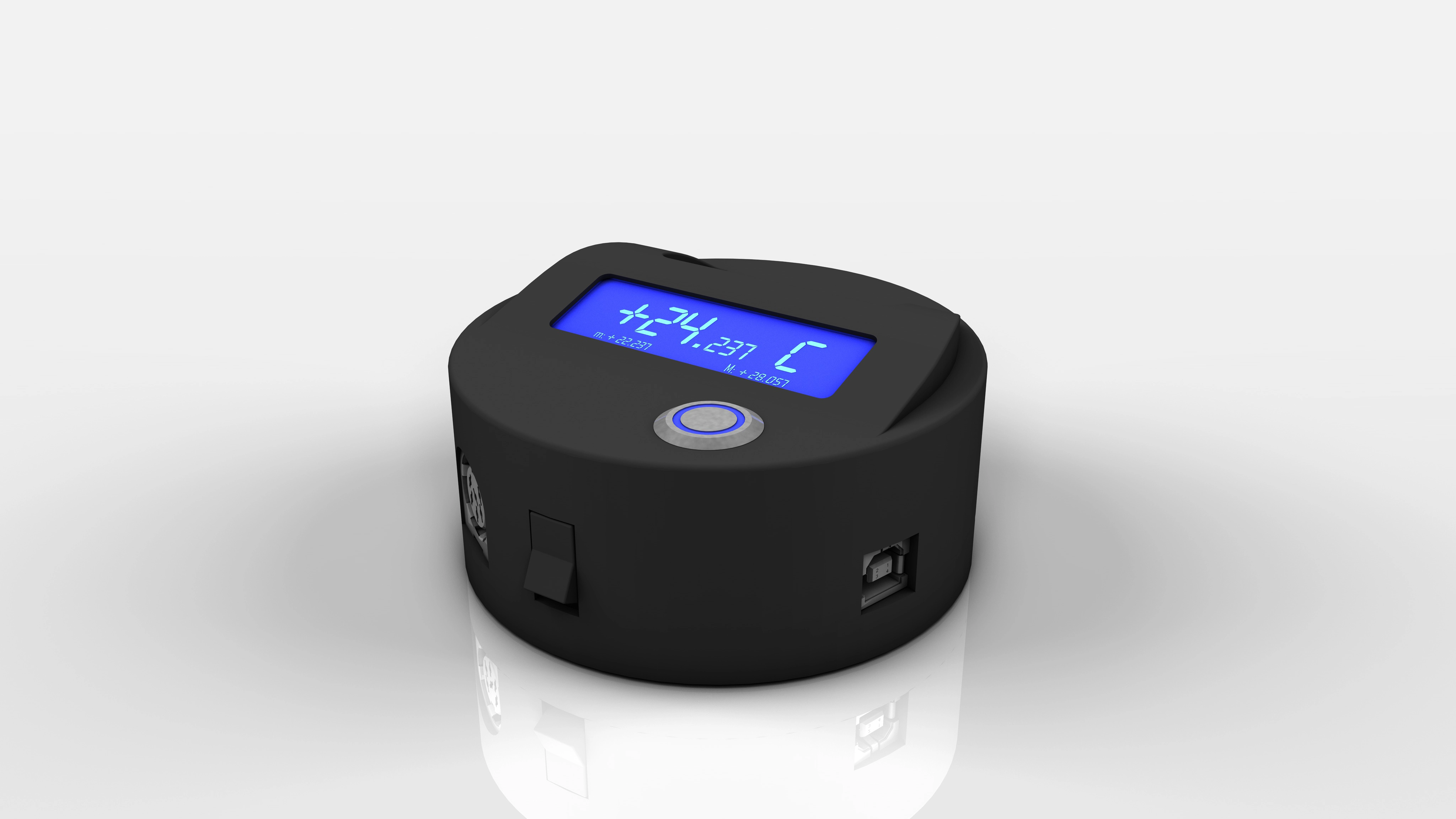 Black cylindrical digital device with a blue backlit LCD screen showing a temperature reading of 24.237°C and a single round button below the screen.