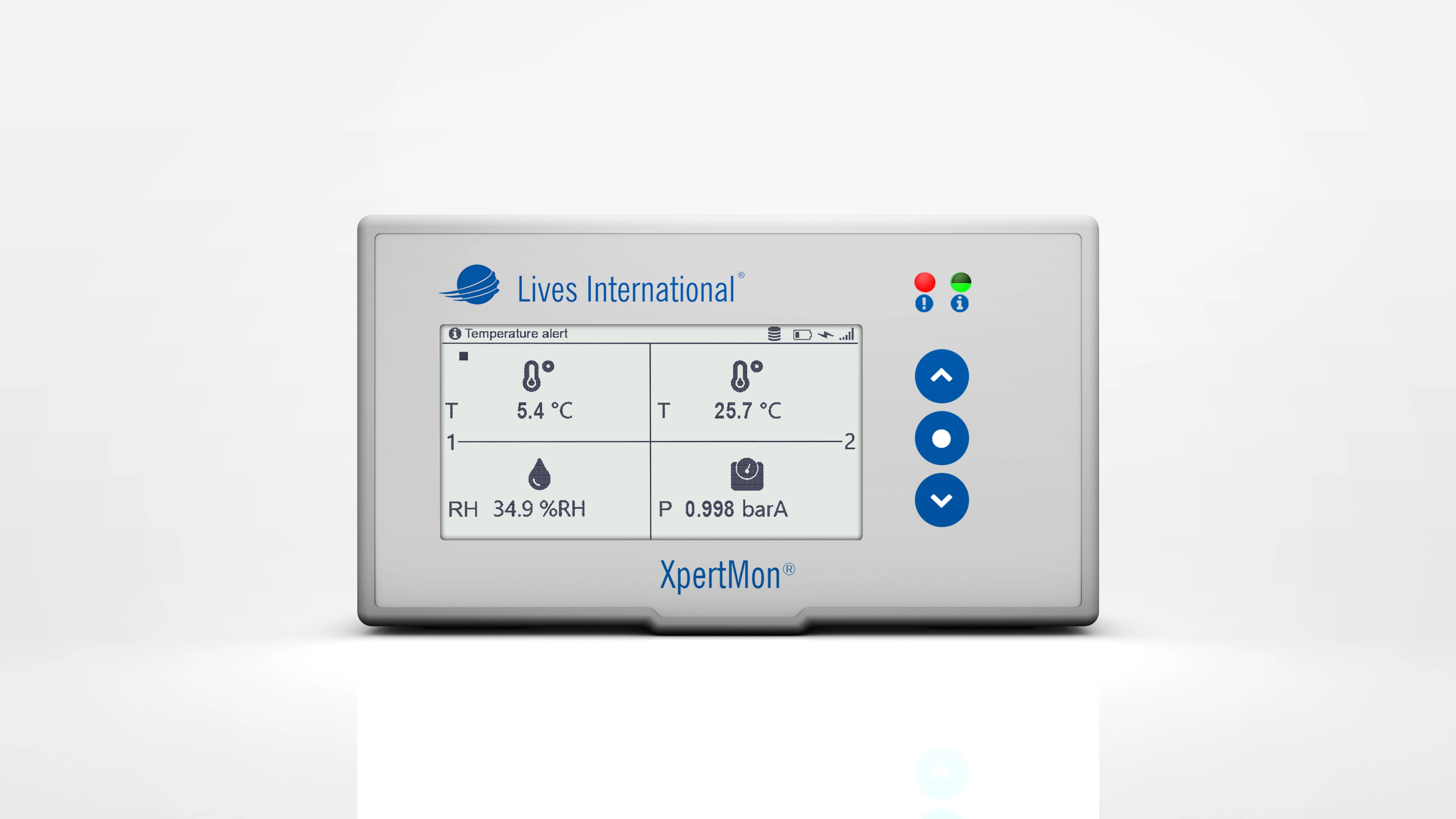 Lives International XpertMon device with screen showing temperature readings of 5.4°C and 25.7°C, humidity 34.9% RH, and pressure 0.998 barA.