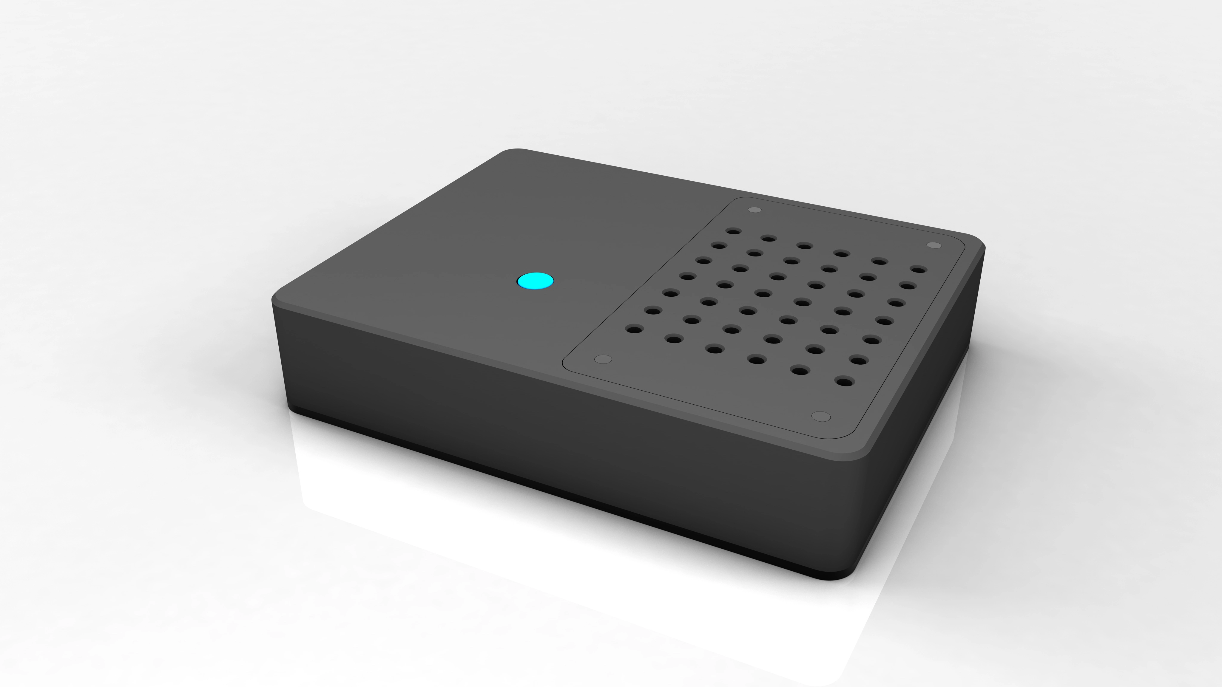 Black rectangular electronic device with a cyan light and a perforated vent on the top.