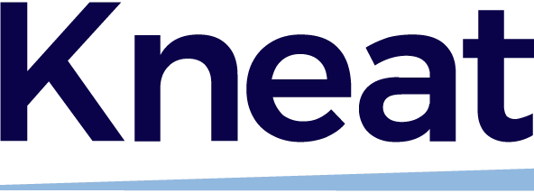 Dark blue text spelling 'Kneat' on a white background with a light blue underline.