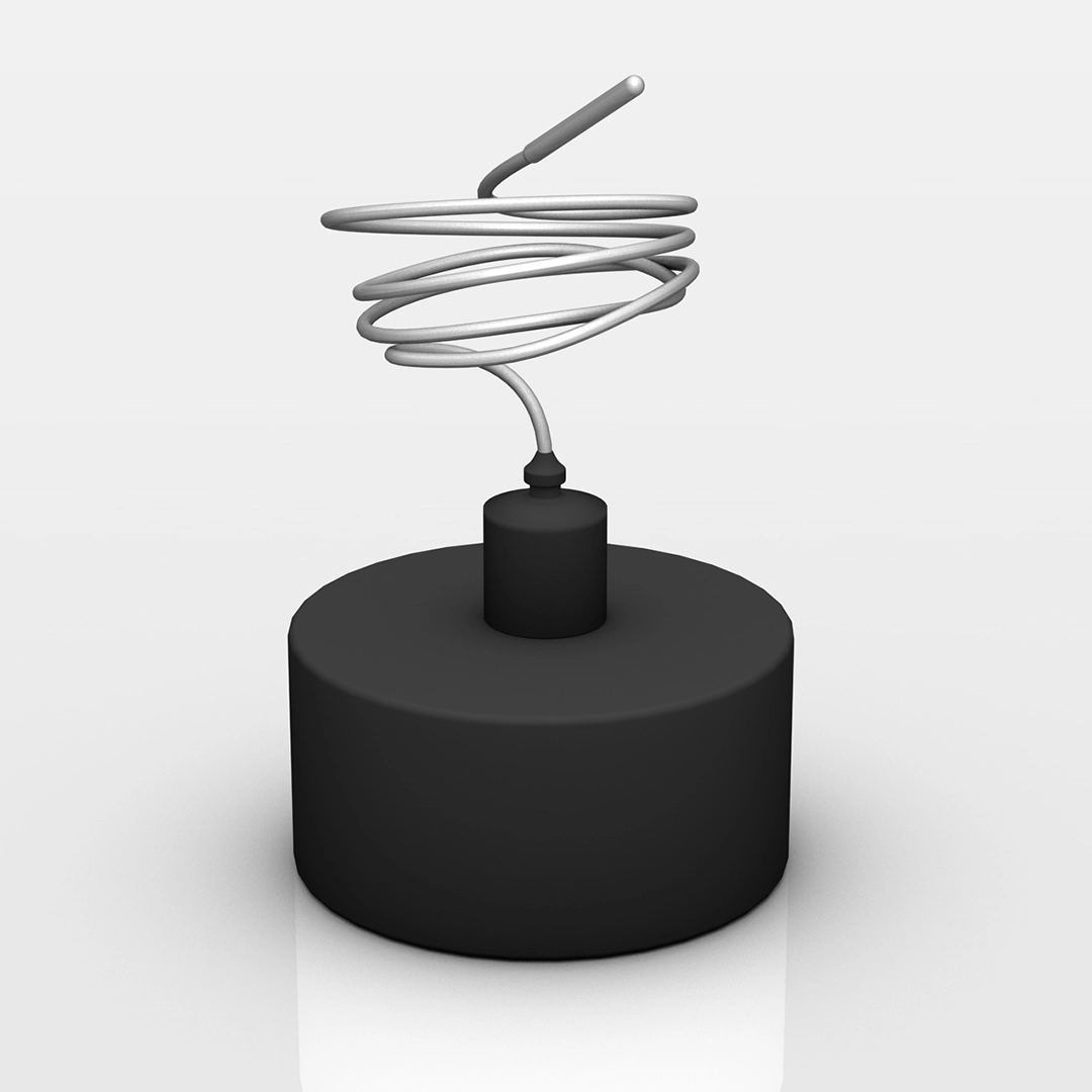 A black cylindrical base with a gray coiled antenna-like structure extending from the top.