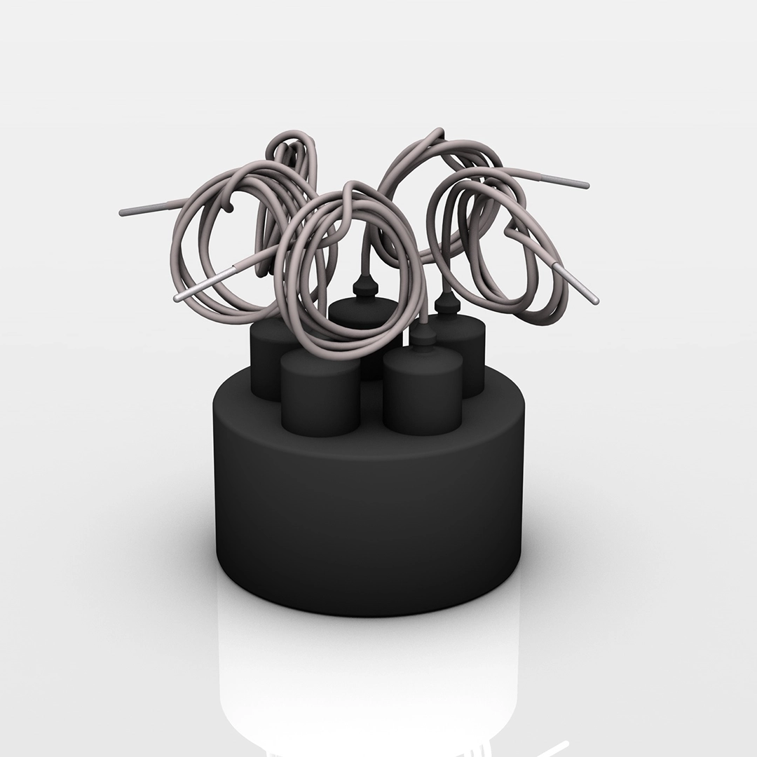Black cylindrical device with five vertical connectors each holding a coiled grey cable with a silver tip.