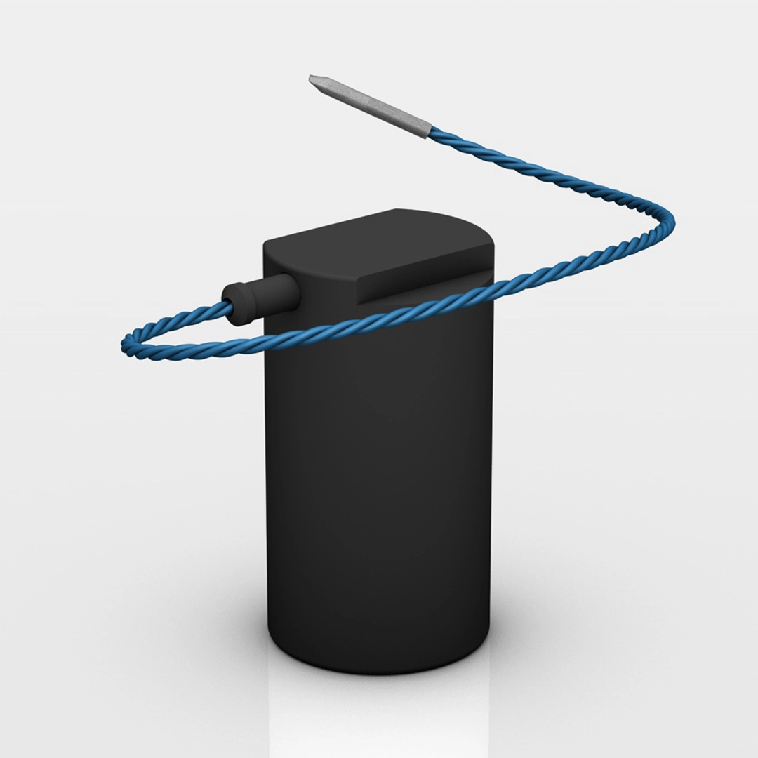 Black cylindrical device with a blue twisted cable ending in a pointed tip, set against a white background.