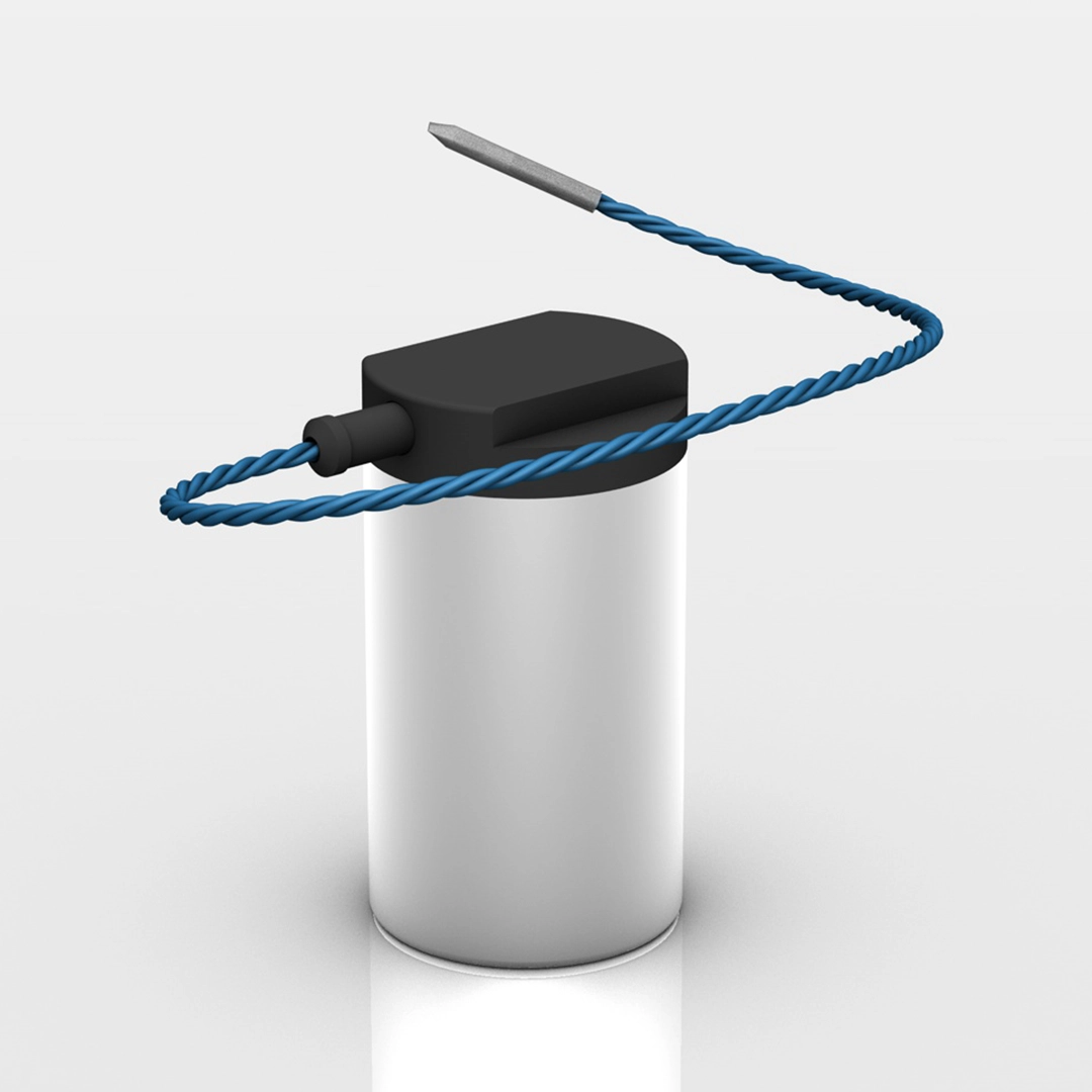 Cylindrical sensor device with a black top and a blue twisted cable extending from it.