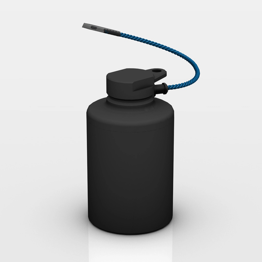 Black cylindrical container with a screw-on lid connected to a blue twisted cable ending in a small rectangular sensor.