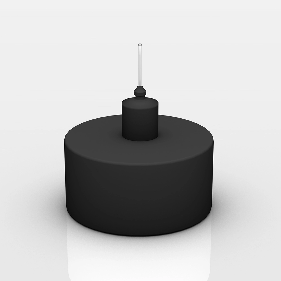 Black cylindrical buoy with a smaller cylinder on top and a vertical pole extending upward.