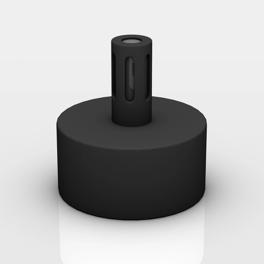 Black cylindrical object with a wider base and a vertical narrower cylinder extending from the center, featuring cut-out vertical slots.