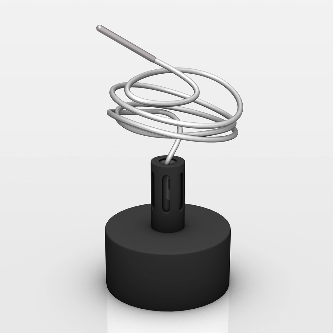3D model of a silver spiral antenna mounted on a black cylindrical base against a light gray background.