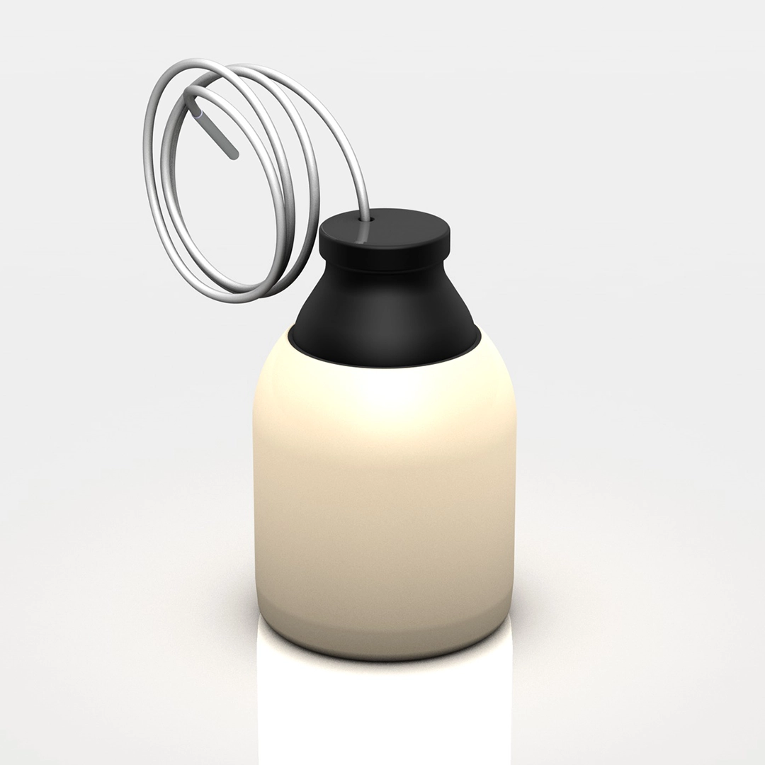 Modern black and white hanging pendant light with coiled silver cord.