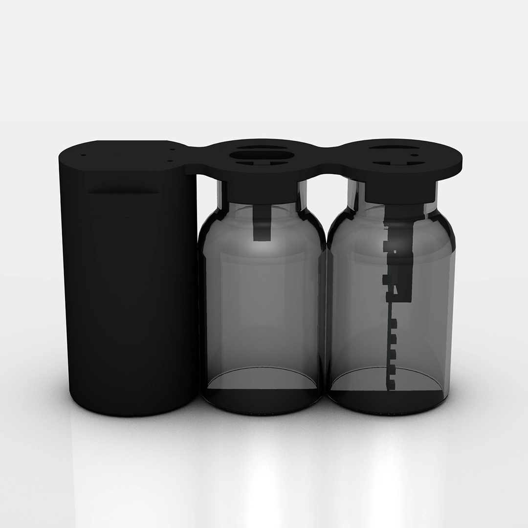 Black modular device with two transparent glass bottles attached, featuring internal black components and a solid black casing on the left.