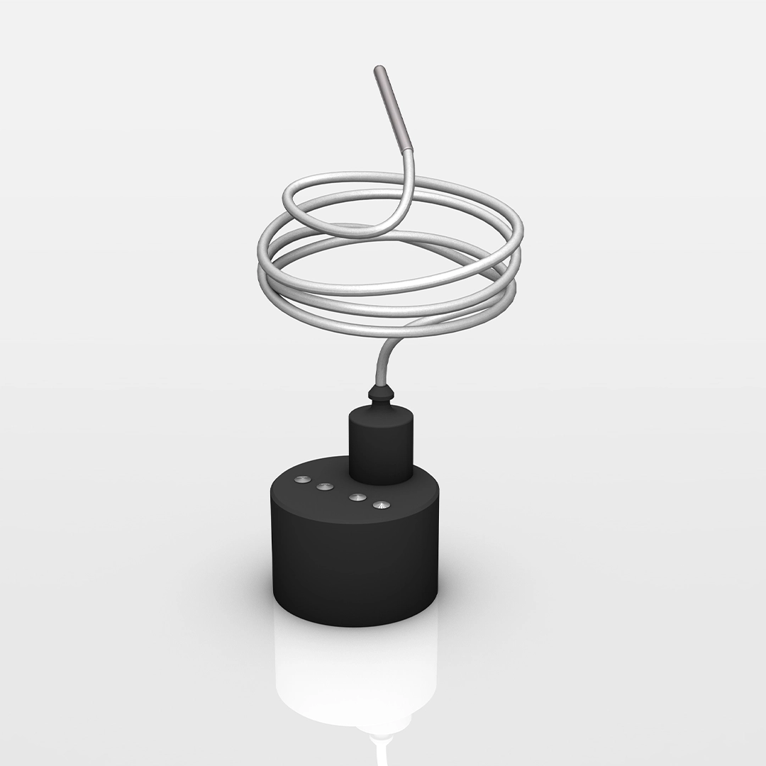Coil antenna device with a black cylindrical base and a silver wire coiled in a spiral shape extending upward.