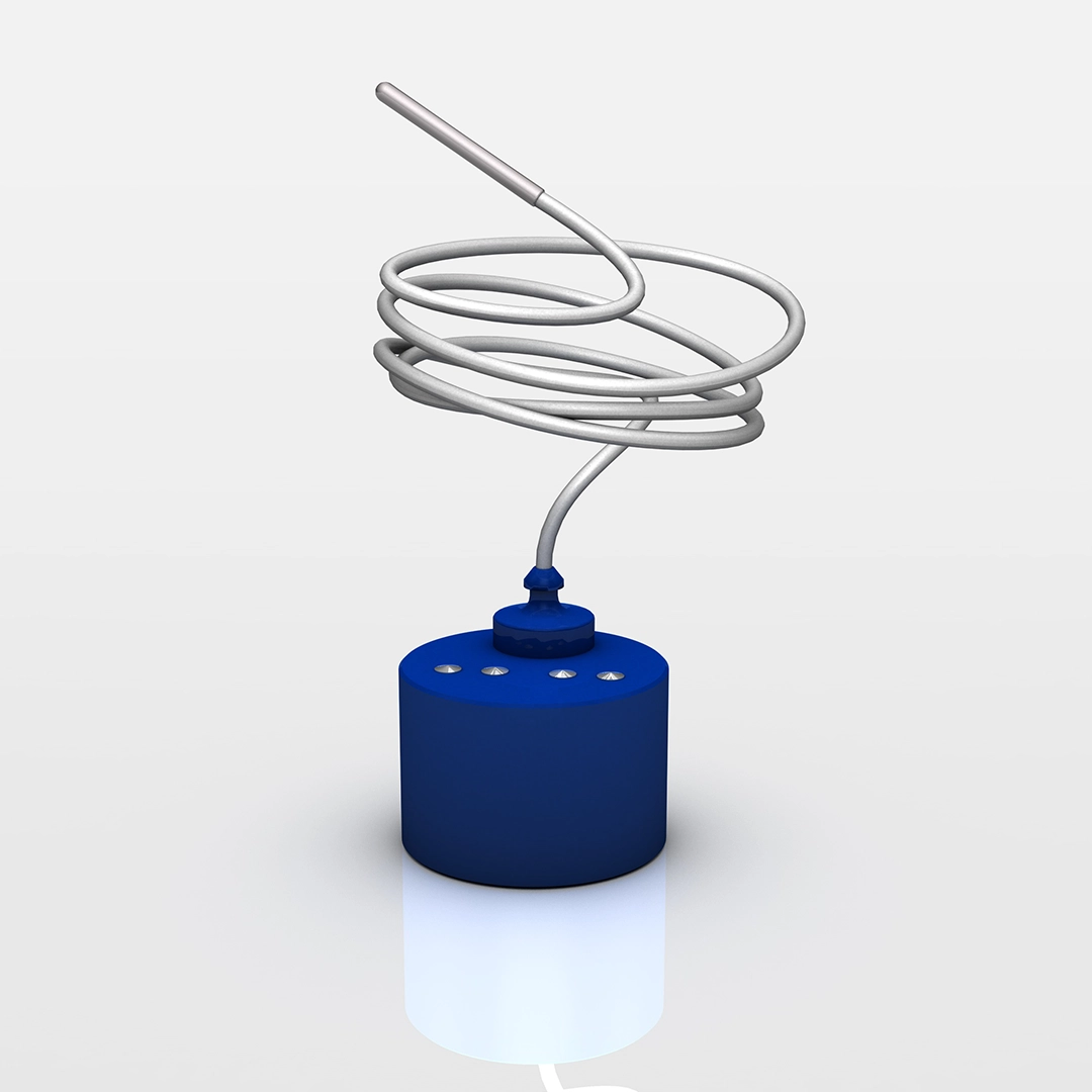 Blue cylindrical device with a coiled silver wire extending upward.