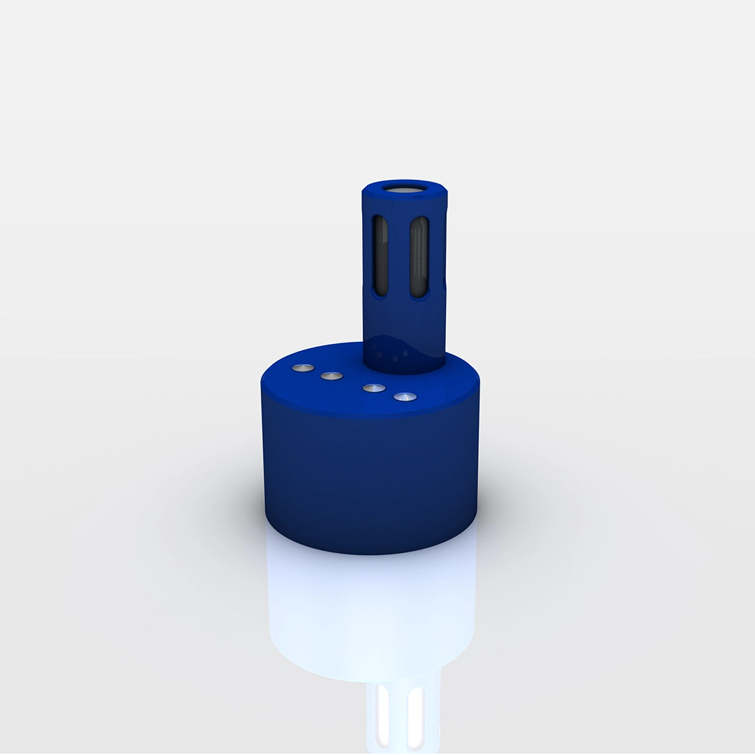 Blue cylindrical device with a smaller vertical cylinder featuring elongated cutouts on top, reflecting on a smooth white surface.