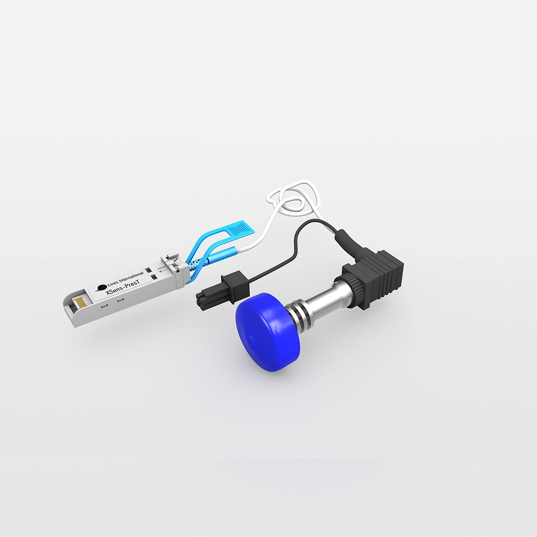 XSens PresT sensor module with wires and connectors, including a silver cylindrical component and a blue cap.