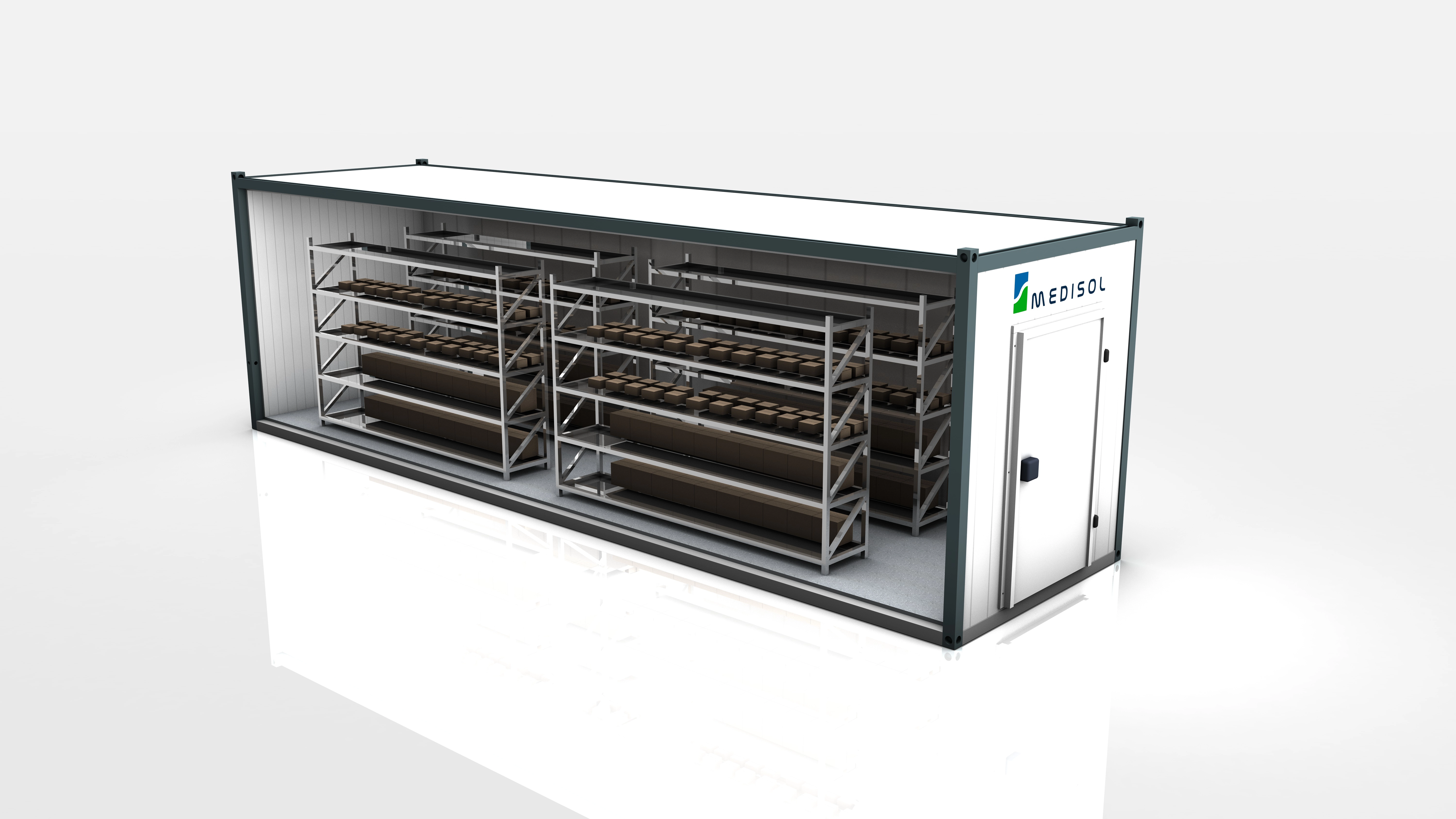 Storage container labeled Medisol with metal shelving units inside holding multiple brown boxes.