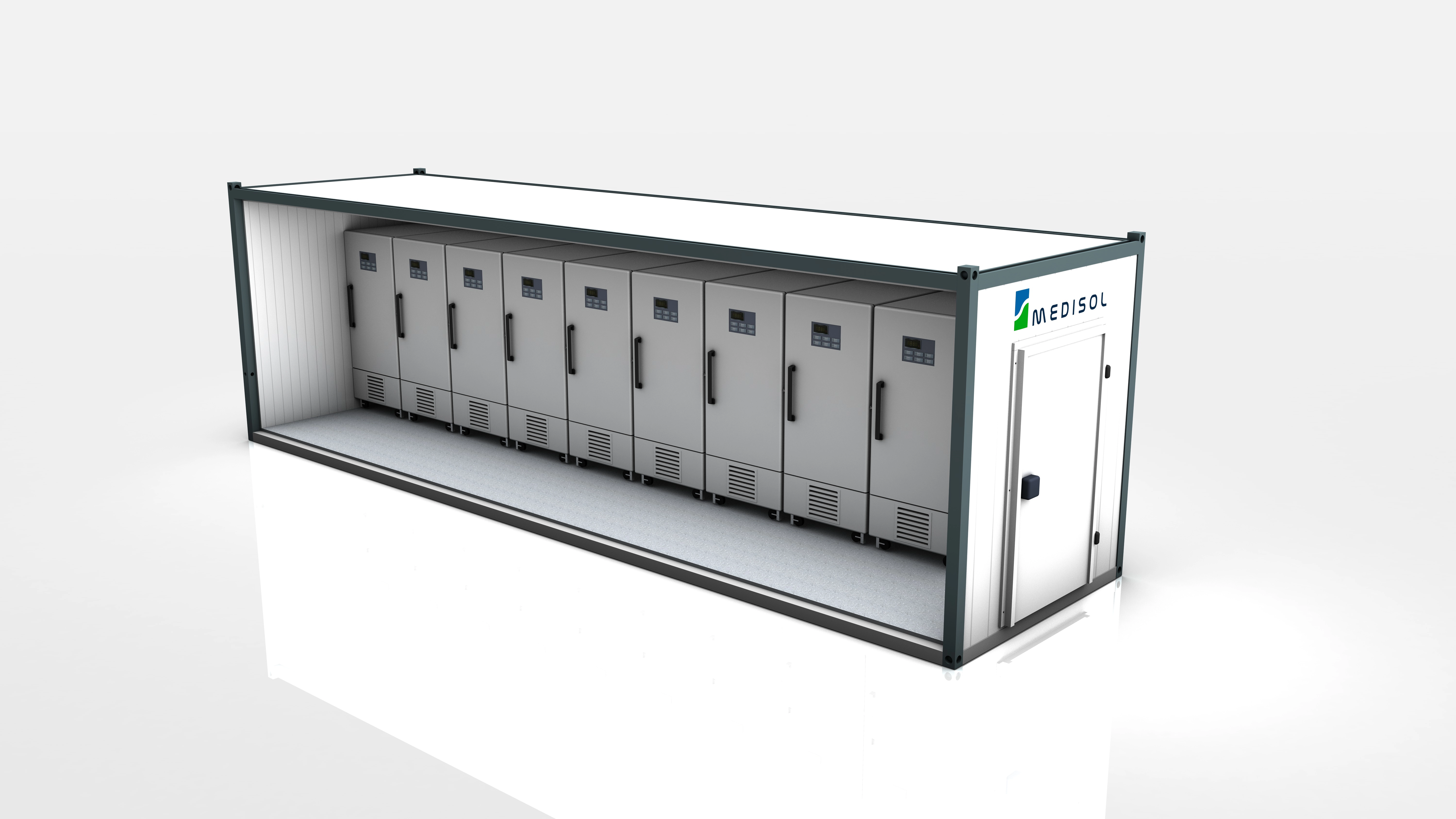 Row of eleven gray industrial storage units inside a Medisol-branded container with an access door.