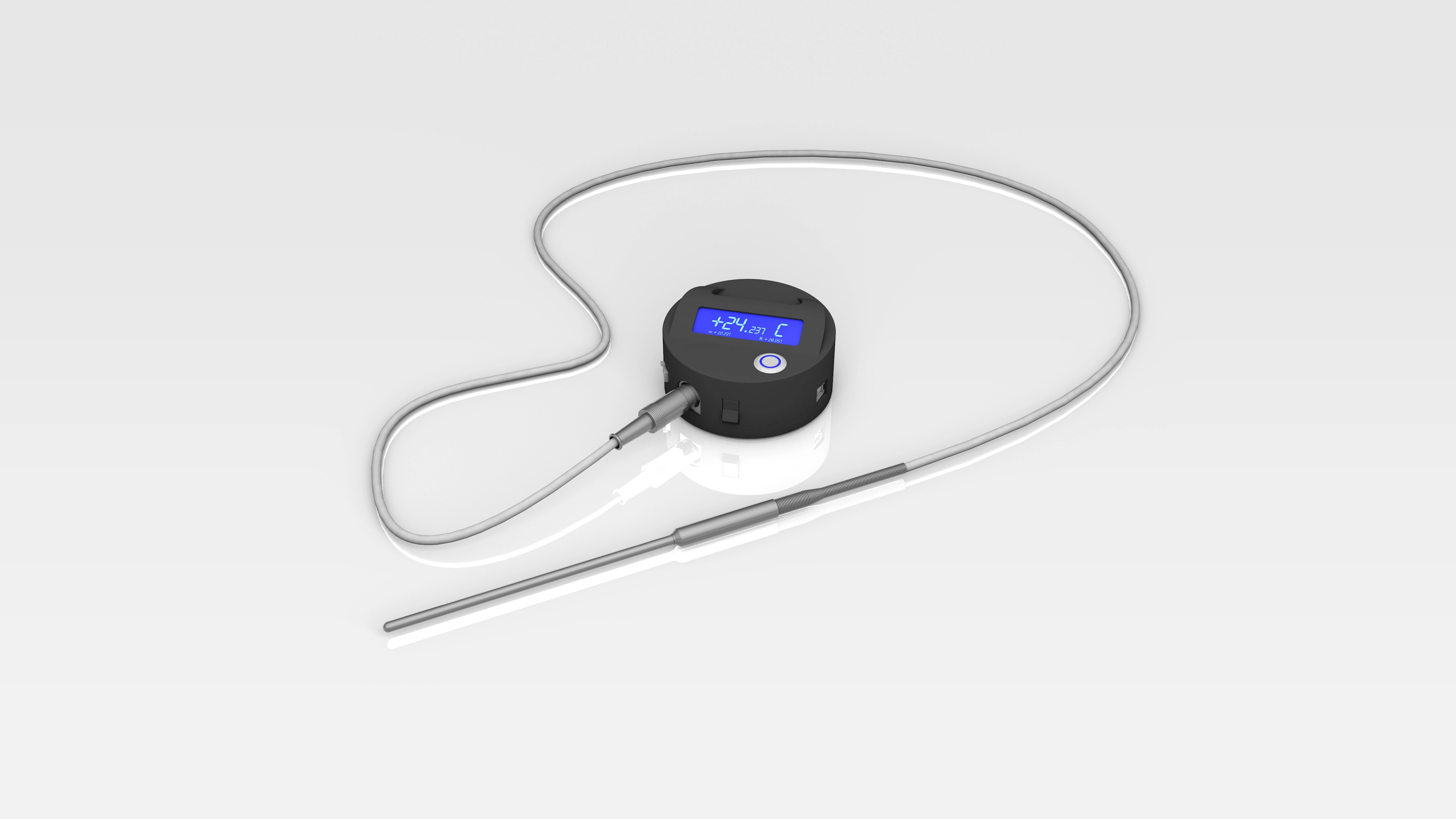 Digital temperature sensor with a connected probe displaying 24.237 degrees Celsius on a blue screen.