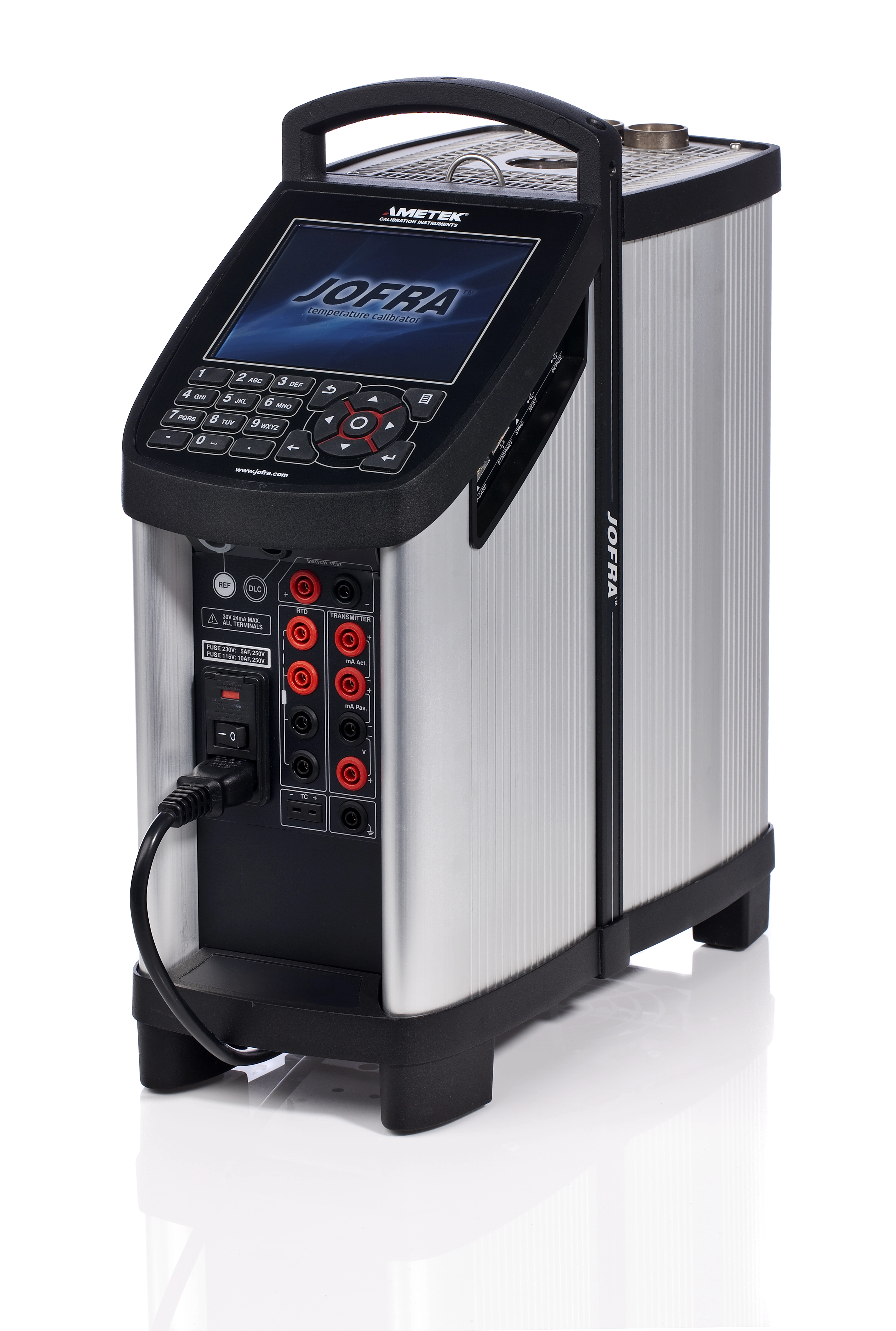 JOFRA temperature calibrator with a digital display and multiple input/output ports on a white background.