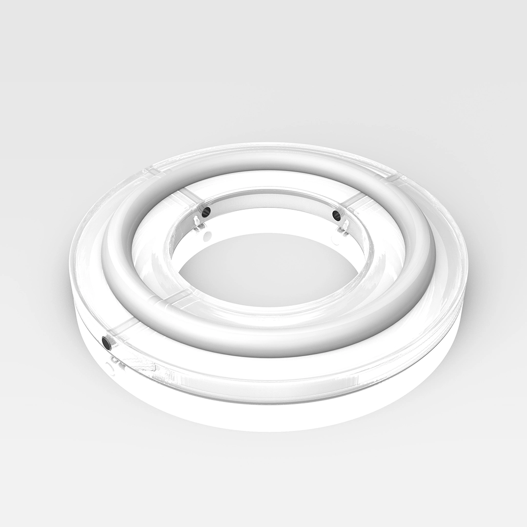 Close-up of a white circular mechanical gasket with a smooth rubber ring inside a transparent outer ring.