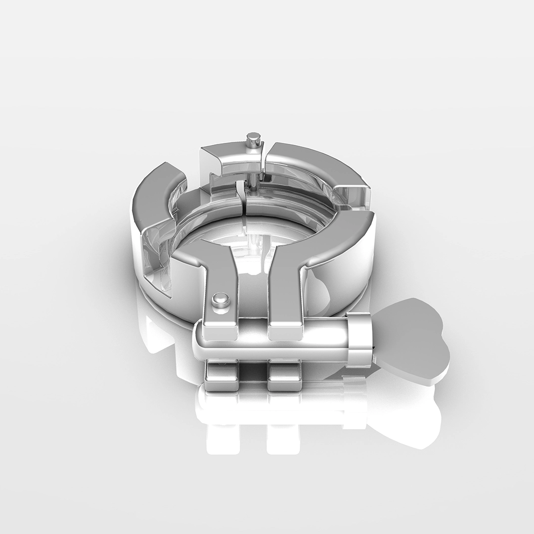 Silver metal clamp with a wingnut tightening mechanism on a reflective white surface.