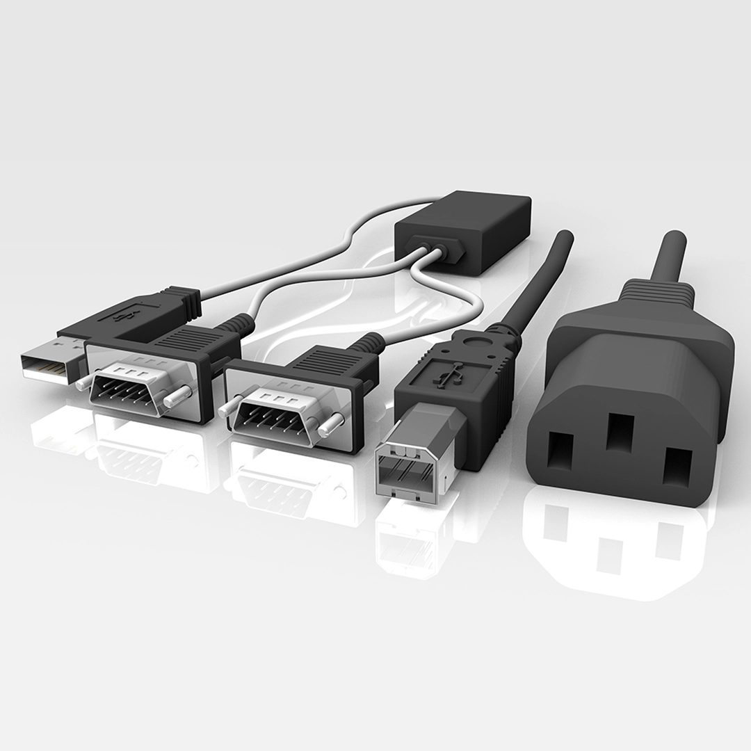 Various black and gray computer cables including USB, serial, FireWire, and power connectors on a reflective white surface.