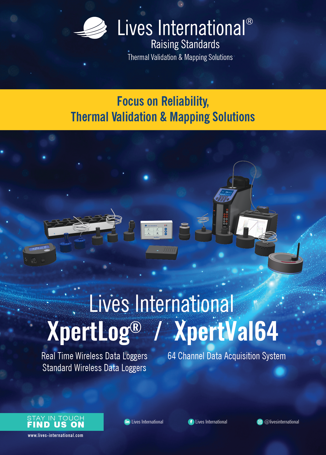 Lives International promotional image showing wireless data logging devices and data acquisition systems with text highlighting XpertLog and XpertVal64 products for thermal validation and mapping solutions.