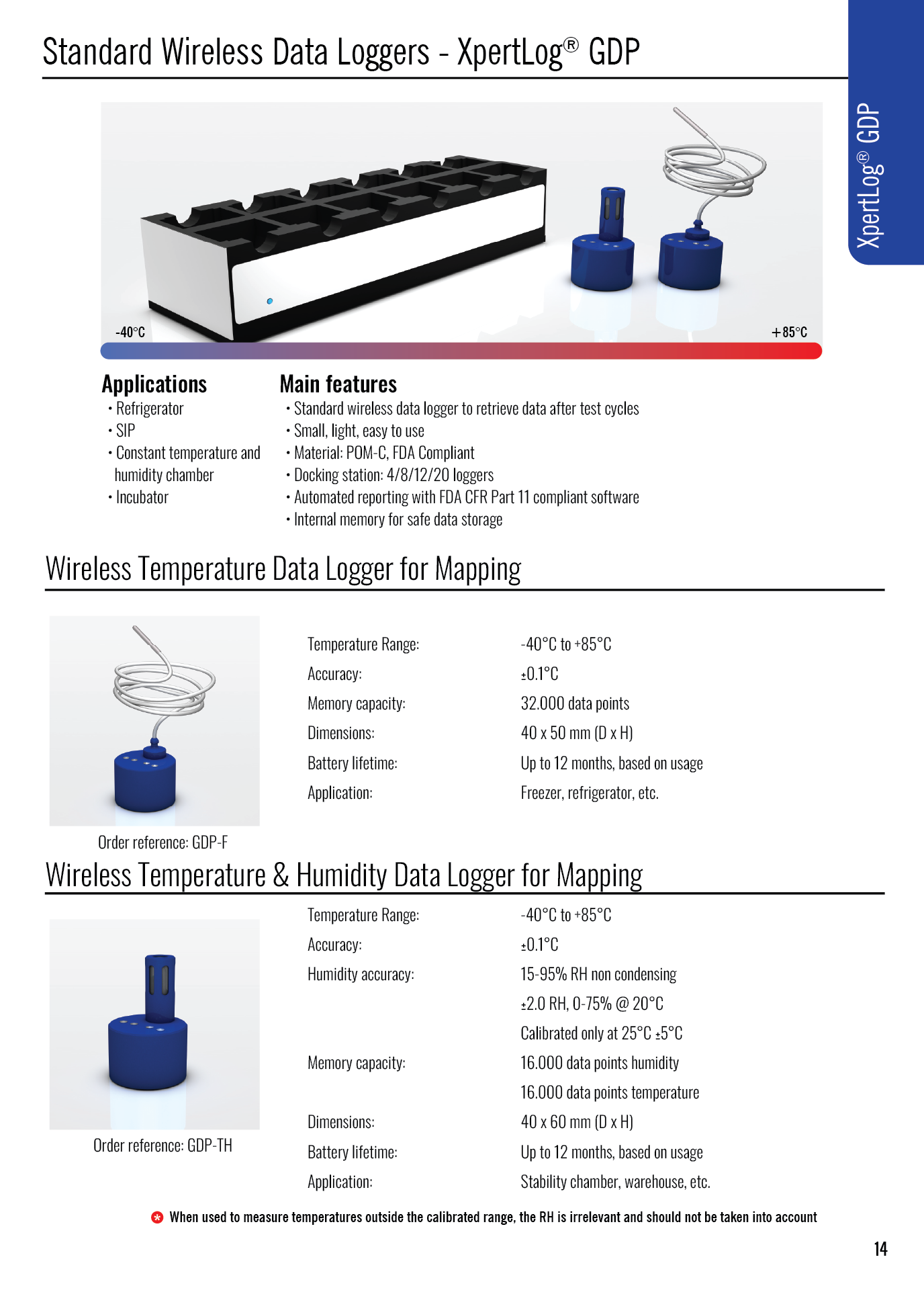 Product overview of XpertLog GDP standard wireless data loggers including images of docking station and two types of blue data loggers with coiled wire and sensor ports, temperature range from -40°C to +85°C, applications, main features, and technical specifications for temperature and humidity data logging.