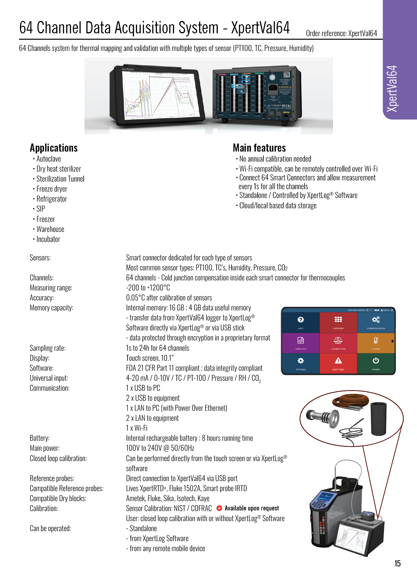 Product sheet for 64 Channel Data Acquisition System XpertVal64 showing device images, applications, main features, sensor specifications, memory, sampling rate, display, software, communication options, battery, power, calibration, and compatible probes.