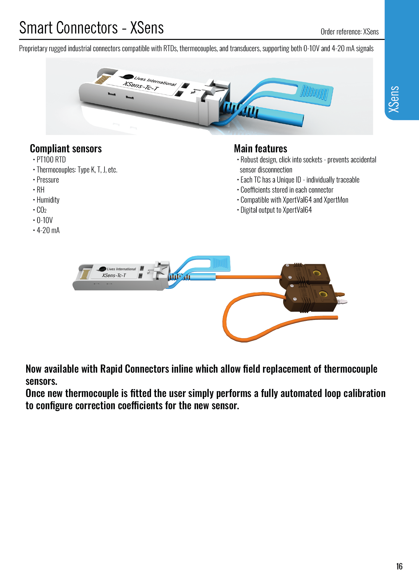 Smart Connectors XSens industrial connectors compatible with RTDs, thermocouples, and transducers with listed compliant sensors and main features.