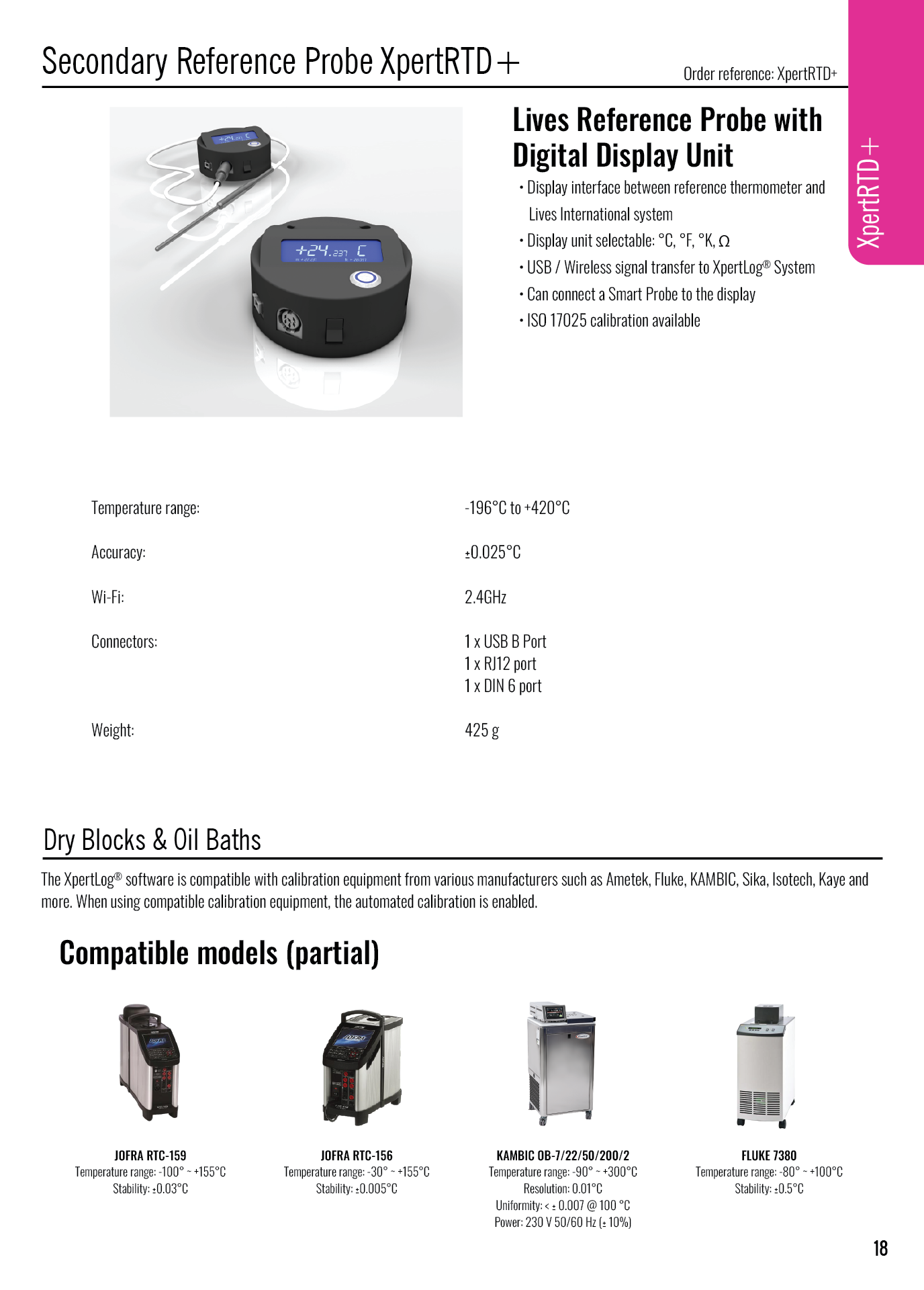 Lives Reference Probe XpertRTD+ showing digital display unit with temperature readings, specs, and compatible dry blocks and oil baths models.