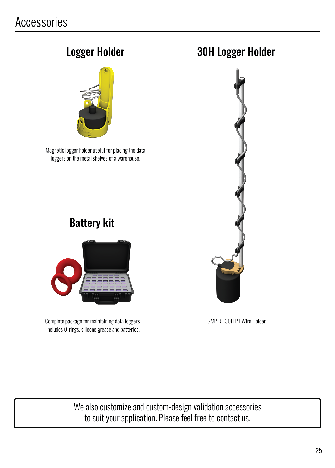 Three accessories for data loggers: a yellow magnetic logger holder, a black and silver 30H wire logger holder, and a black battery kit case with O-rings.