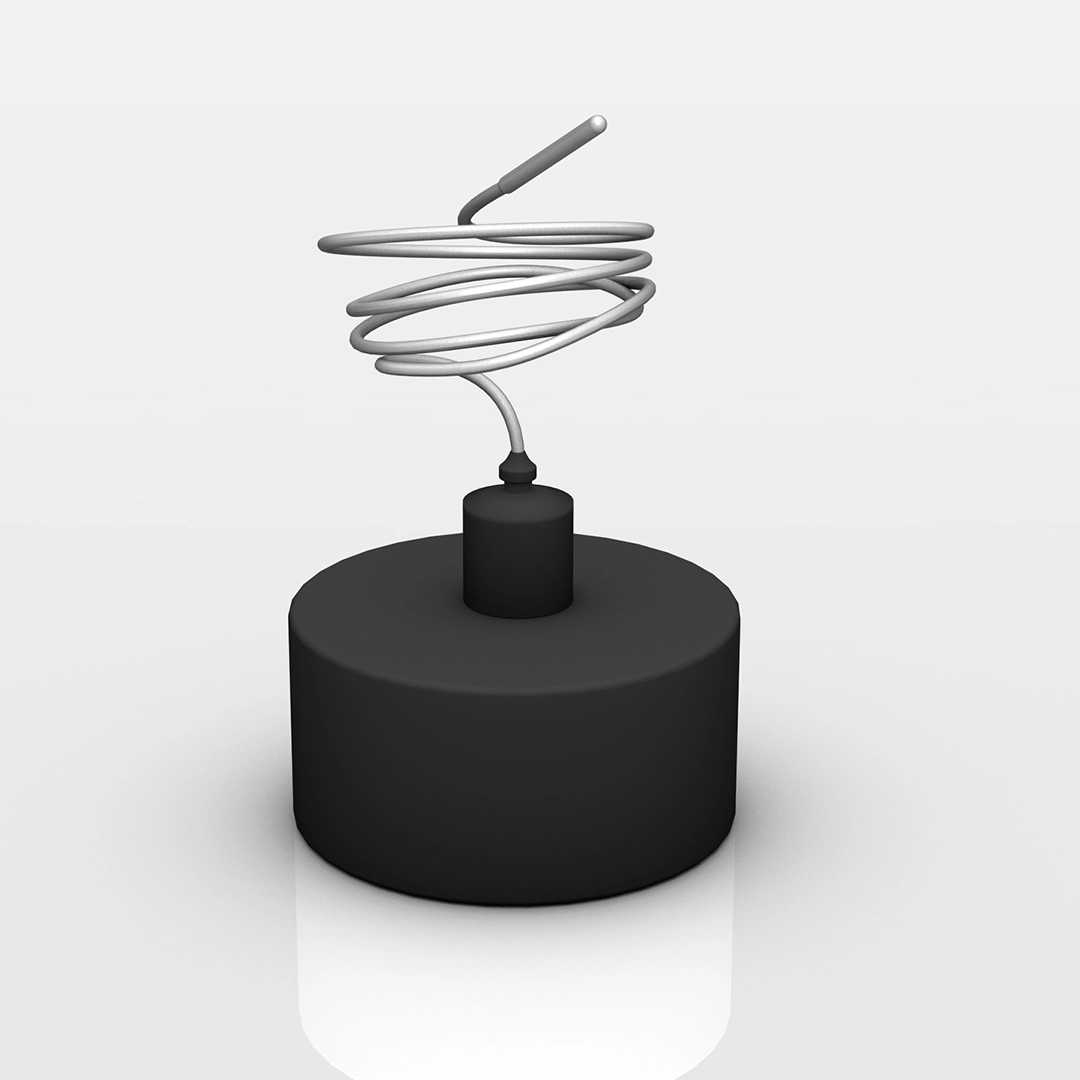 Coil antenna mounted on a dark cylindrical base against a light background.