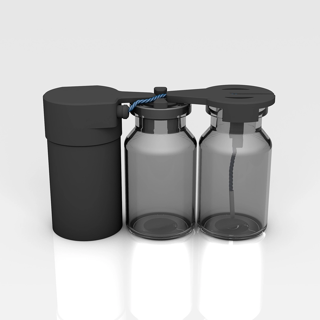 Transparent bottles with black lids connected by a blue twisted cord, next to a black cylindrical container.