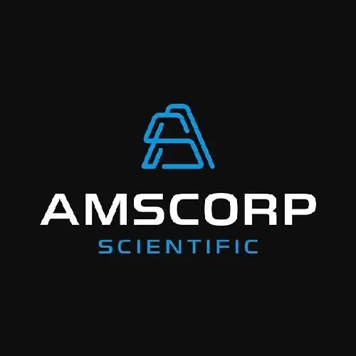 Logo of Amscorp Scientific with stylized blue letter A and company name in white and blue text on black background.