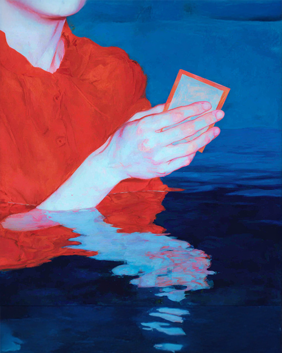 A person in a vivid red shirt holds a small rectangular card or mirror above deep blue water, with their hands and sleeves reflected in the rippling surface. The image has a painterly, surreal quality with strong contrasts between the red and blue tones.