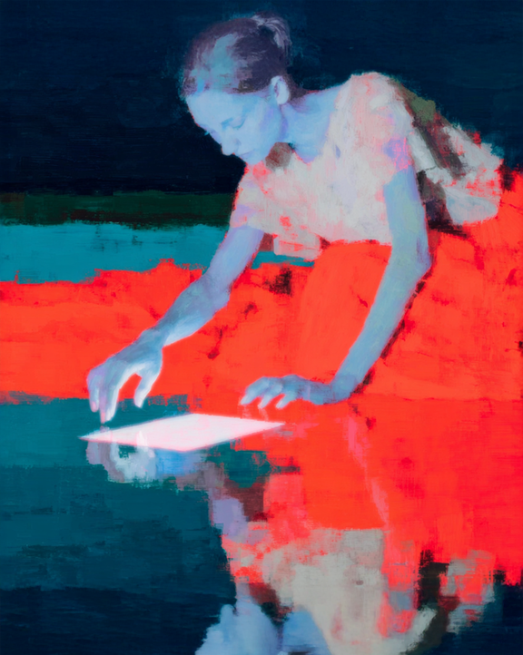 A stylized painting of a person with blue-toned skin and a red-orange outfit leaning over reflective water, reaching toward a glowing white surface. The scene has a surreal, dreamlike atmosphere with vibrant contrasts of blue, red, and turquoise.