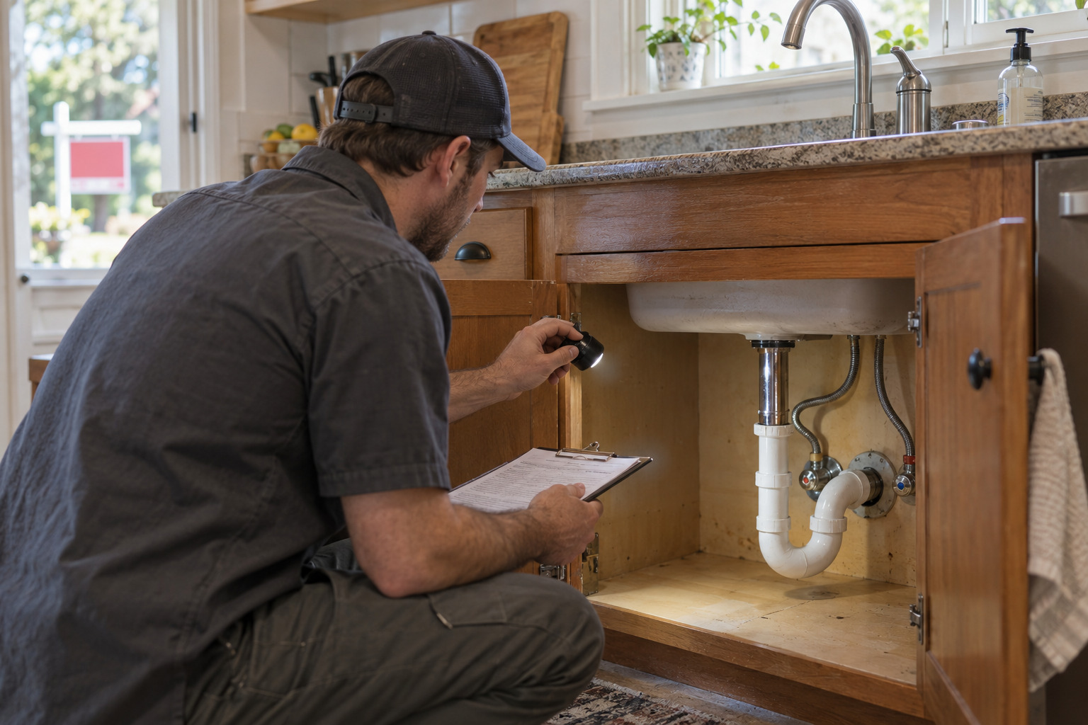 Plumber completing a pre-listing plumbing walkthrough in a Grass Valley home