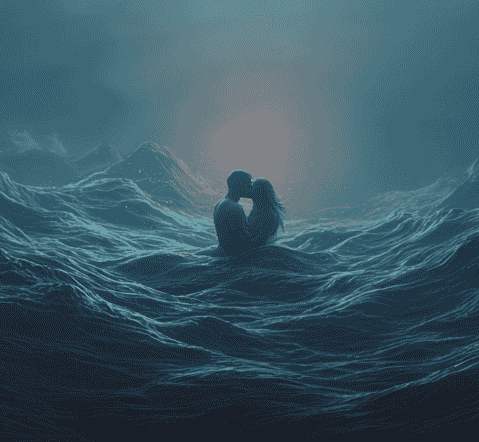 Silhouette of a couple embracing and kissing while partially submerged in stylized, dark blue ocean waves under a misty, glowing sky.