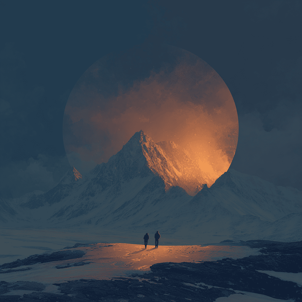 Two people walking on a snowy landscape with a large mountain illuminated by a glowing orange sun or light behind it.