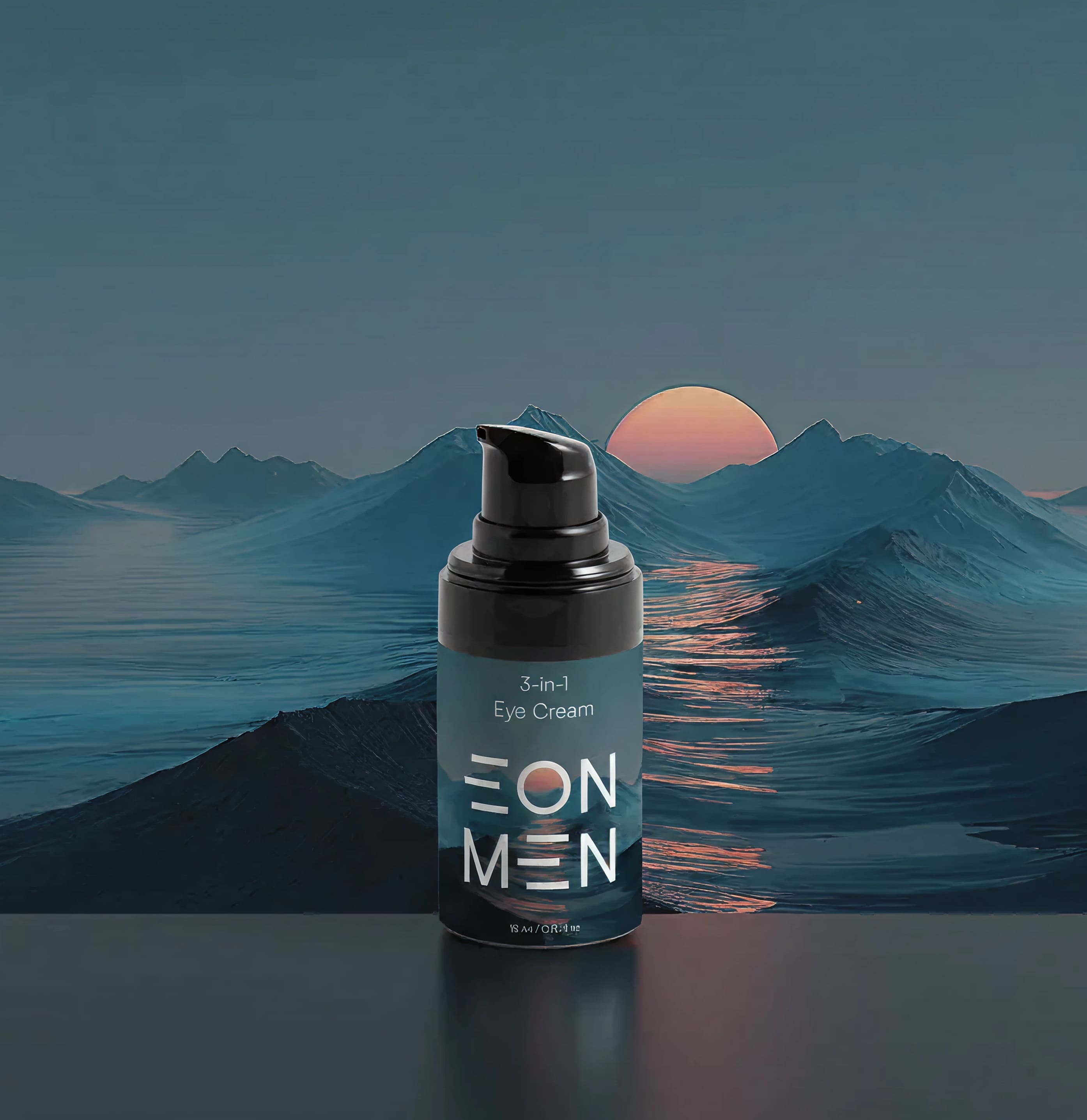 Bottle of 3-in-1 eye cream with a black pump, set against a backdrop of blue waves and mountains with a pink sun setting.
