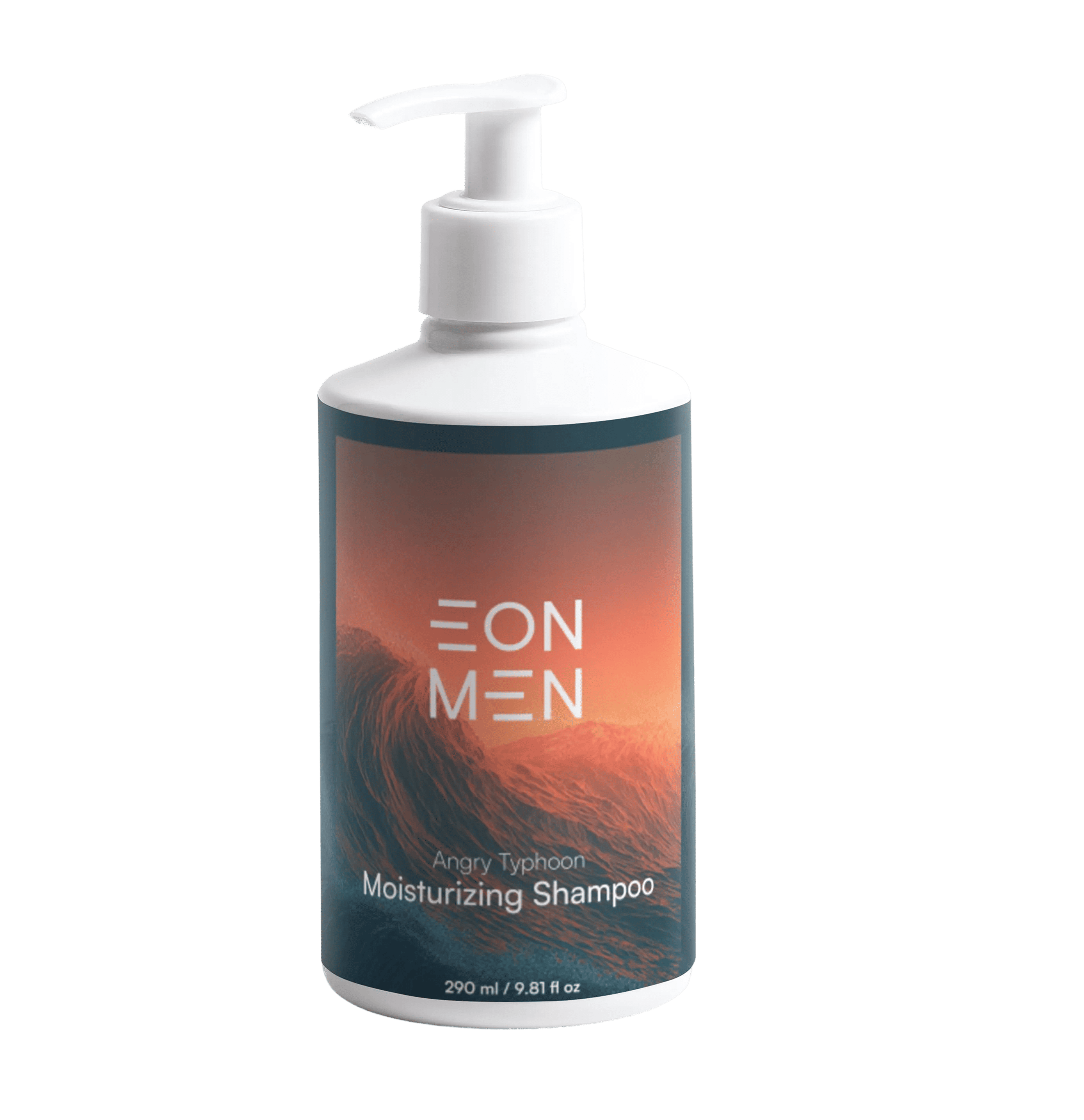 White pump bottle of Eon Men Angry Typhoon moisturizing shampoo with wave design on the label.