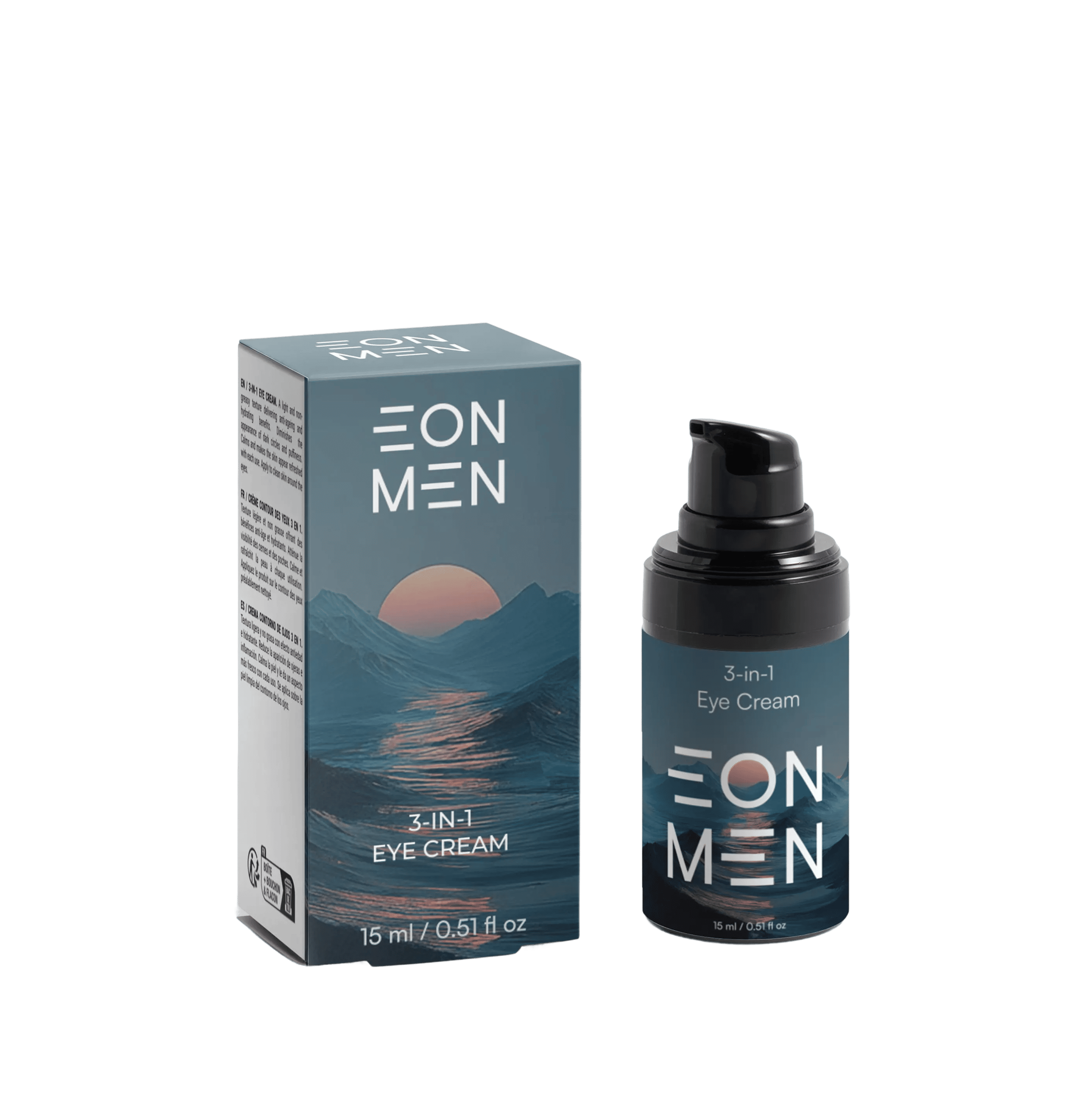 EON MEN 3-in-1 eye cream bottle and packaging with sunset and mountain design, 15 ml.