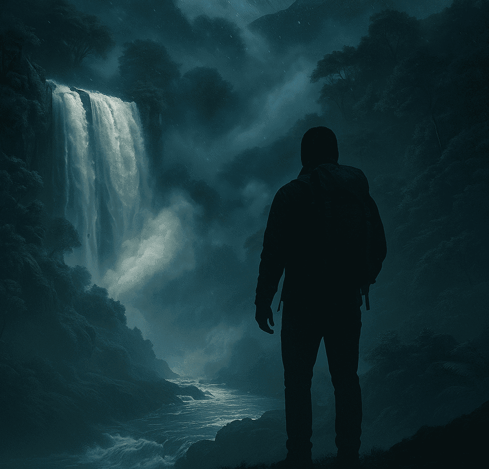 Silhouette of a person with a backpack standing by a river, looking at a misty waterfall in a dark forest.