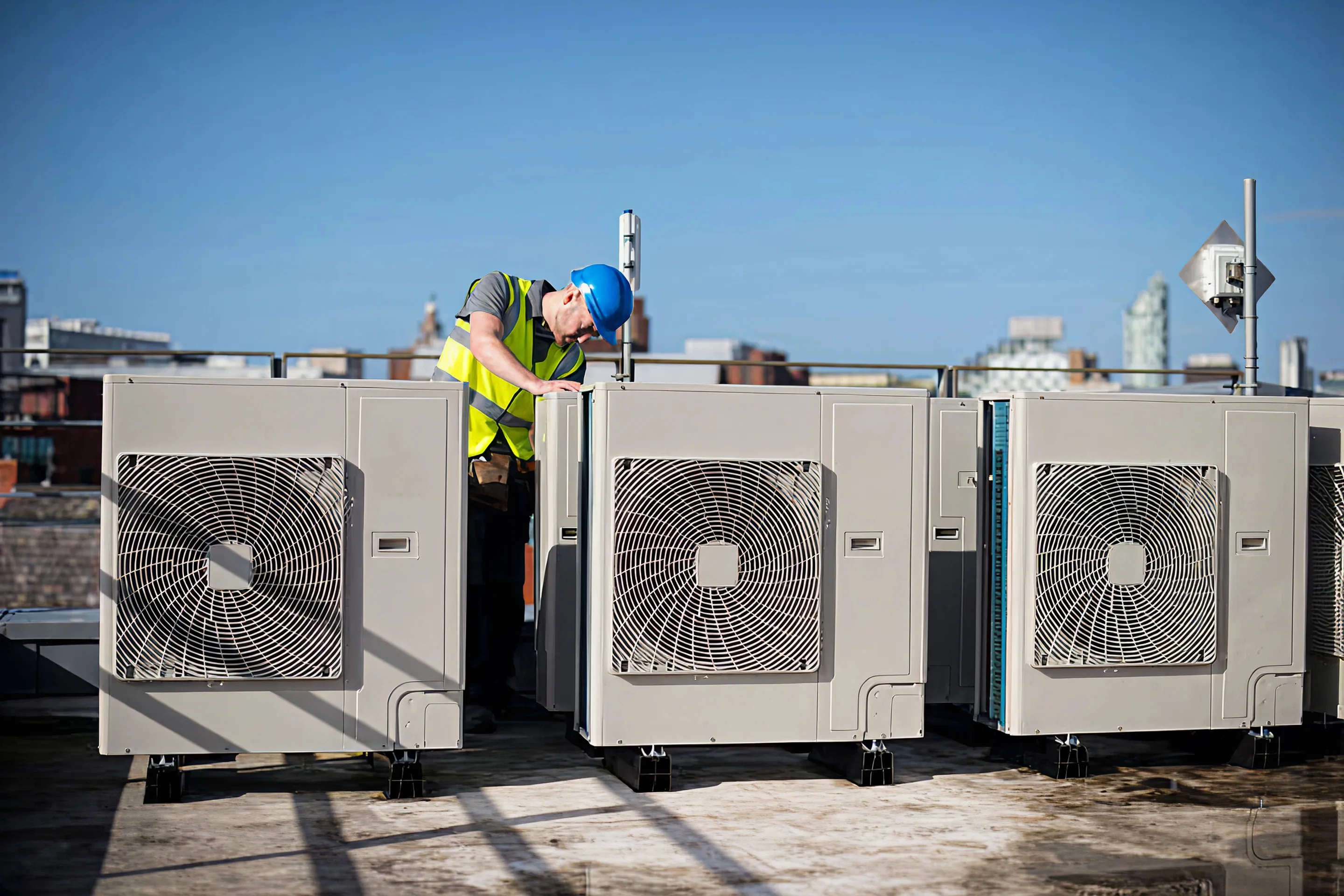 Technician maintaining multiple commercial rooftop HVAC units