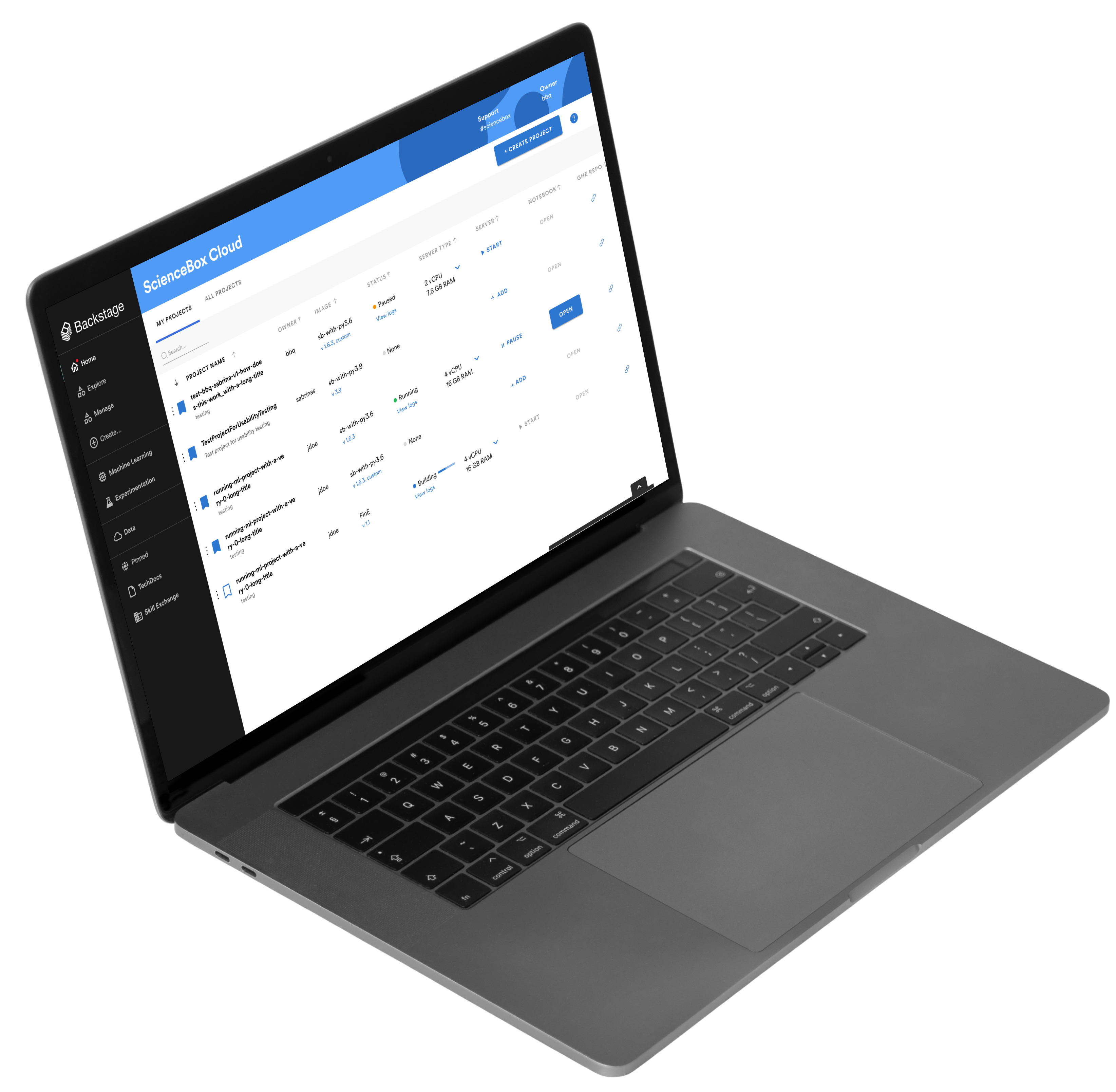 Open laptop displaying a ScienceBox Cloud project management interface with multiple project statuses and server details.