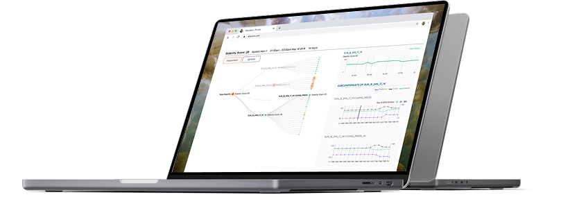 Two overlapping laptop computers with a screen displaying a stability score graph and line charts.