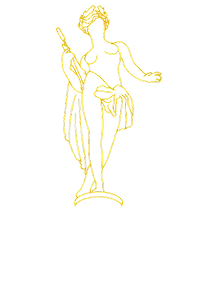 Yellow line art of a standing female figure holding a staff and a shield, stylized and abstract.